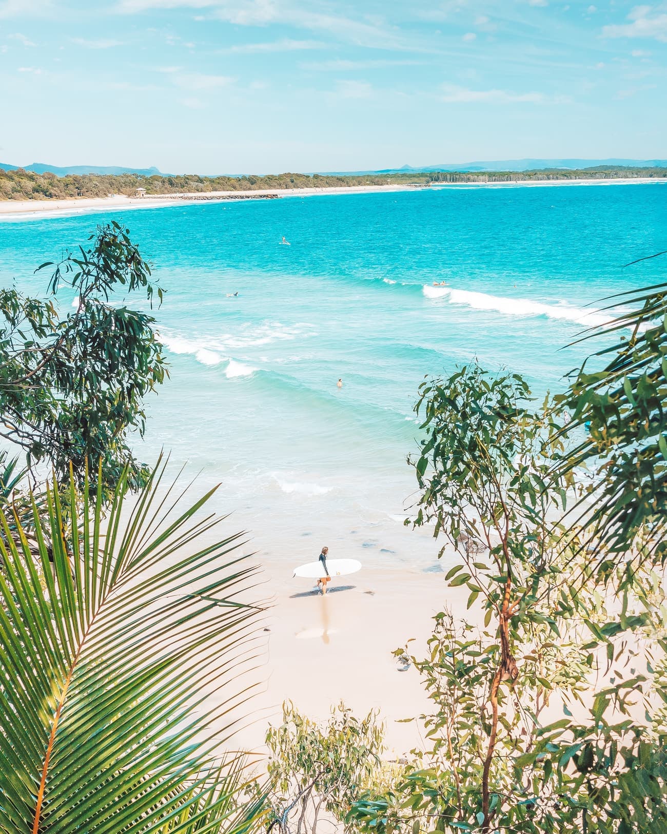Noosa Main Beach seen through the trees, with a surfer walking to the water and the bay stretching north