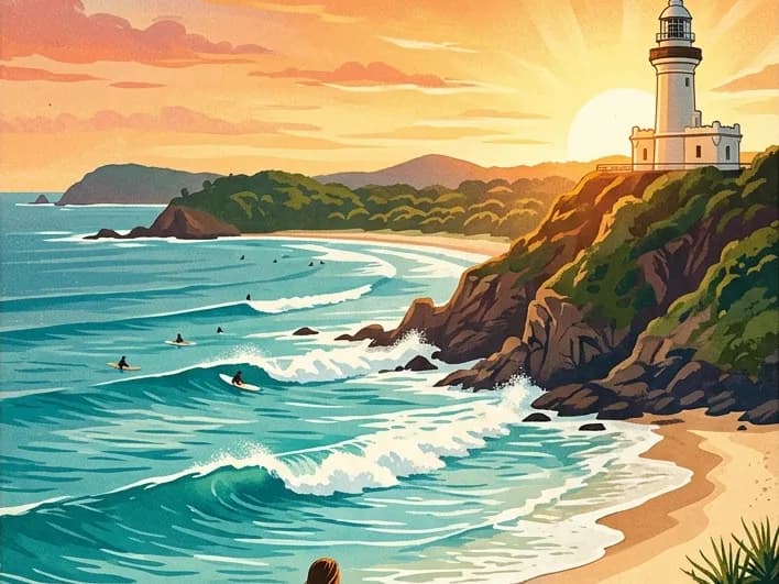 Illustrated coastal landscape with a lighthouse, representative of the Byron Bay region